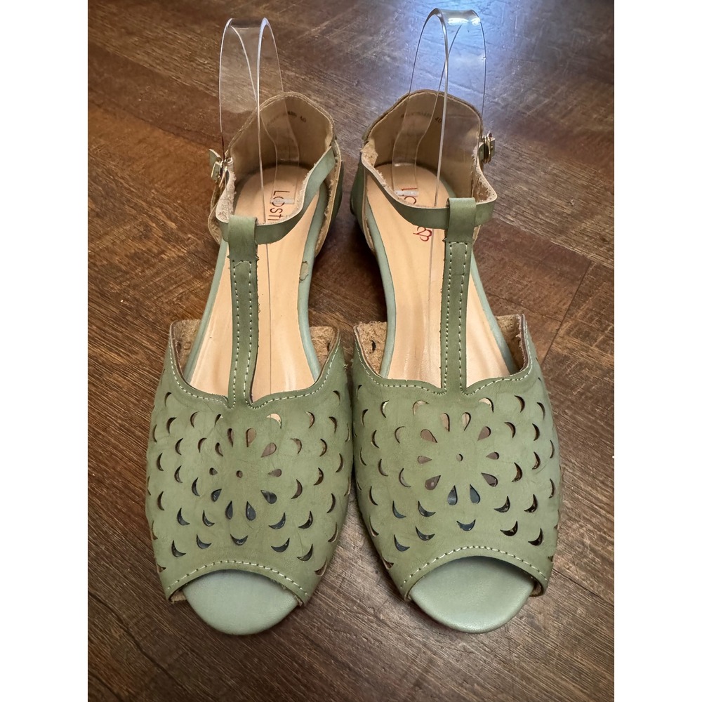 Lostisy Leather Shoes Womens 40 US 9 Sage Green T-Strap Vintage Inspired Flats